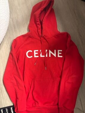 Celine Bright Red Logo Drawstring Hoodie